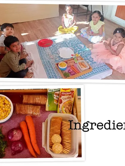 The ingredients for Monaco canapés are laid out on a tray. This activity involves chopping, mixing, and assembling, allowing children to practice a variety of fine motor skills.