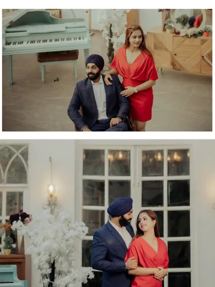A diptych from their shoot at The Picture Villa. The couple poses by a piano and a classic window, creating a feeling of timeless romance in a European-style setting.