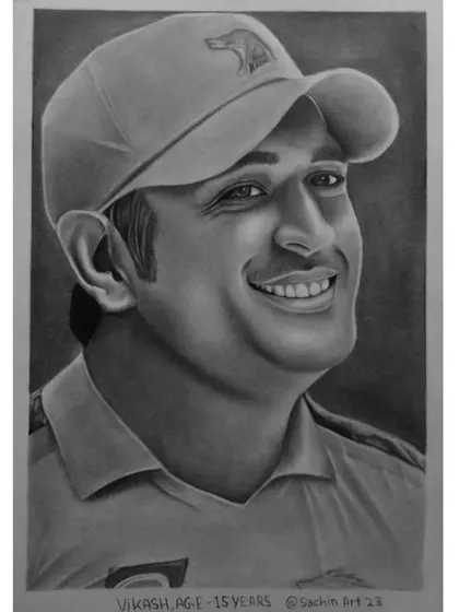 A graphite portrait of cricketer MS Dhoni. This was a piece I drew at 15, focusing on his well-known smile and the details of his cap.