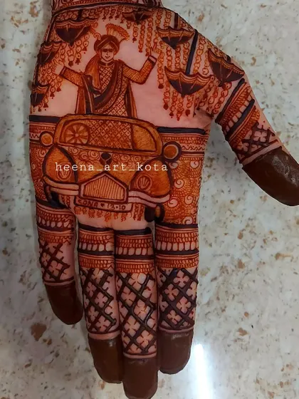 A fun and unique groom's mehndi, featuring him standing in a vintage car. It's a great way to add personality to the groom's henna.