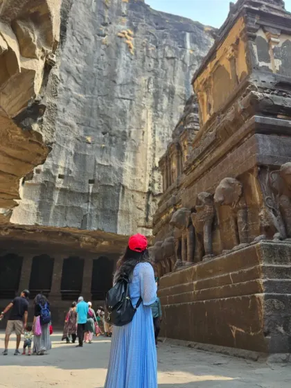 Admiring the row of carved elephants that form the base of the Kailasa temple. These sculptures are a powerful symbol of the artistry and devotion that built this place.