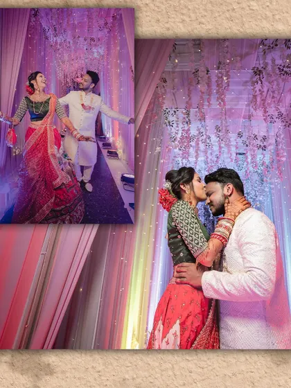A collage of fun and romantic moments from the reception. The couple's playful interactions and loving kiss showcase the joy of their celebration.