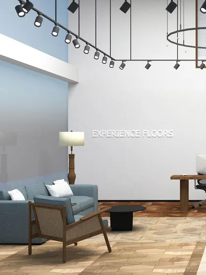 An early render of the showroom's reception area, with the "Experience Floors" tagline on the wall. This helped establish the brand's presence right from the entrance.