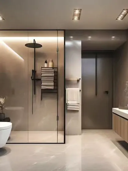 This minimalist bathroom uses soft, integrated lighting to create a calming atmosphere. The walk-in shower with a glass partition and floating vanity enhances the sense of space.