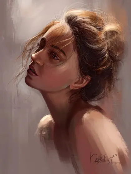 A dramatic and artistic digital portrait of a woman, playing with light and shadow to create a moody and beautiful piece.