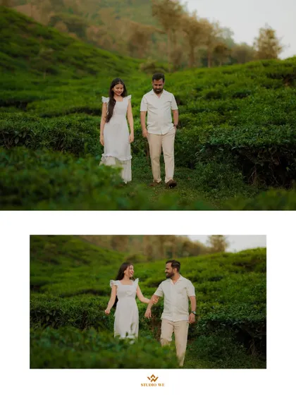 A couple walking hand-in-hand through a tea estate. These shoots are about more than just photos; they are about creating a relaxed and enjoyable experience for you.
