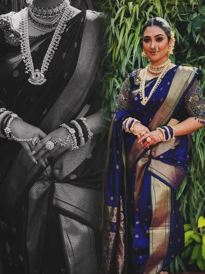 The 'Devsena' drape, a powerful and royal look inspired by the iconic character. This style uses a rich blue Paithani to create a look of strength and elegance.