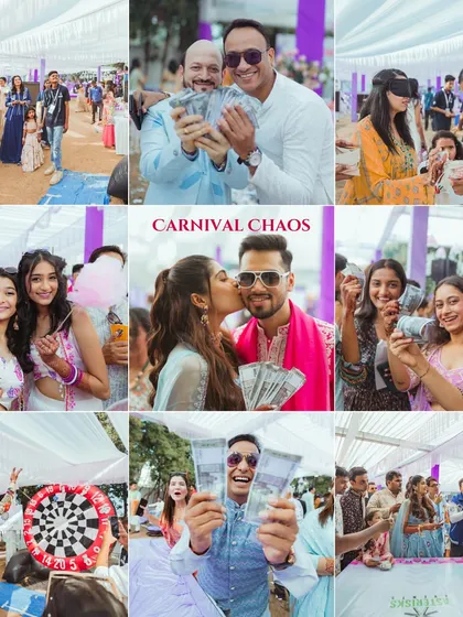 A collage of "Carnival Chaos" capturing the fun and games. Guests winning mock money, enjoying cotton candy, and playing VR games made for a truly interactive and memorable day.