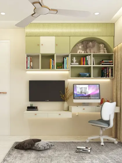 A versatile kids' room setup with a floating study desk and a separate floating TV unit, allowing the space to be used for both homework and entertainment.