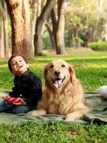 The grass has never been greener, and the smiles have never been bigger. A perfect picnic scene with a boy and his best friend, this shot captures the simple joys of childhood with a pet.