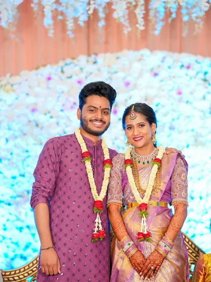 The happy couple at their Varpooje. We coordinated their looks to be complementary and festive.