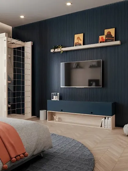 This room is ready for any adventure, combining a Star Wars theme with an indoor play gym. A Millennium Falcon wall piece and deep blue walls create a galactic feel, while the climbing structure encourages active play.