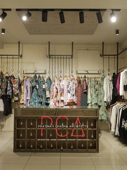 A view of the display area in the Jubinav Chadha studio, featuring a vintage-style drawer cabinet repurposed as a checkout counter and display unit.