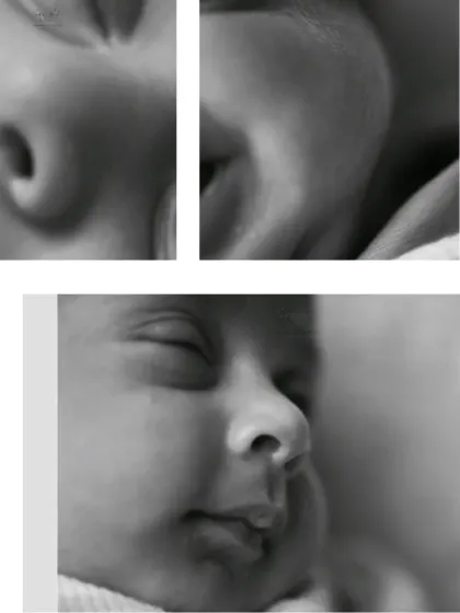 A close-up collage in black and white, showing the serene expressions of a sleeping newborn. These artistic shots highlight the pure innocence of this stage.