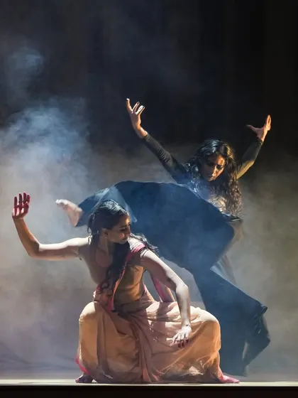A duet sequence from 'Sitayana' showcasing dynamic partner work and storytelling. I choreograph interactions that build tension and emotion between performers on stage.