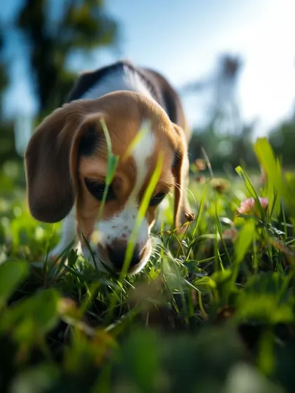This little Beagle puppy is having a great time exploring all the new smells in the grass. We provide a safe and stimulating environment for puppies.