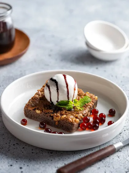 A walnut brownie topped with a scoop of vanilla ice cream and chocolate sauce, garnished with fresh mint for a classic dessert shot.