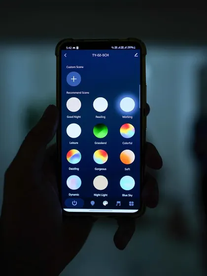 A clear view of the user interface for our smart lighting app. You can easily select scenes like "Reading," "Leisure," or "Blue Sky" to match your activity, showcasing the practical and user-friendly nature of our technology.