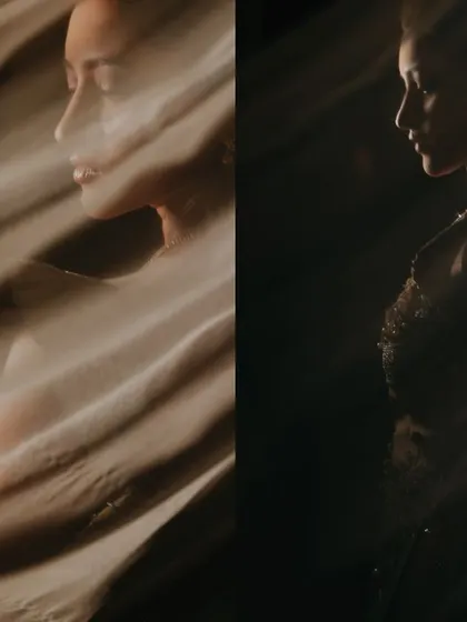 An abstract and artistic bridal portrait. The use of slow shutter speed and light creates a dreamy, ethereal effect, transforming a simple portrait into a piece of art.