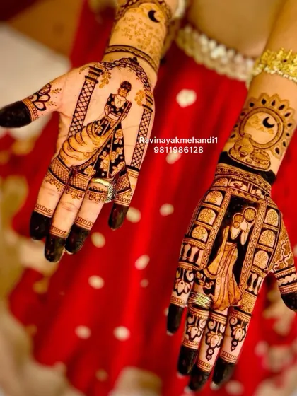A full view of the Karwa Chauth story mehndi, with the bride on one hand and the couple's portrait on the other, set against a bold, dark henna background for a dramatic effect.