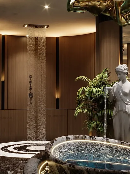 A detail shot of the spa-like bathroom, showing the rainfall shower and the classical statue that adds an artistic, serene touch to the space.