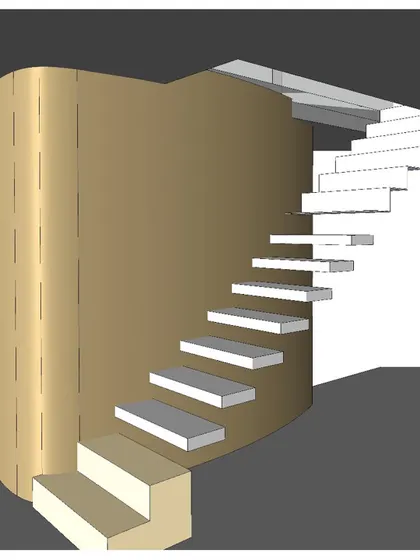 A 3D model of the staircase, showing the transition from solid concrete steps to the lighter, folded metal treads.