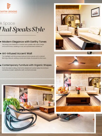 This graphic breaks down the design elements of our art-infused living room, from the earthy tones to the contemporary furniture and vibrant accent wall.