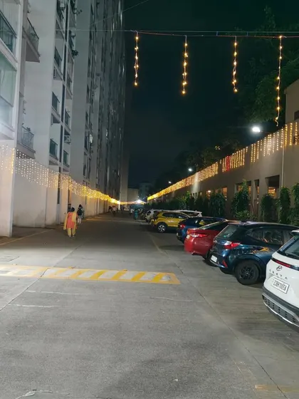 Lighting up a residential society's internal road for a festival. These simple string lights instantly create a festive mood.