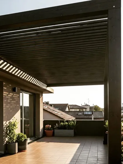 A modern pergola with a louvered roof, attached to the house to cover a rooftop balcony. This design provides adjustable shade and a sleek, architectural look.