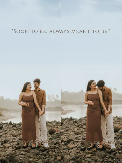 "Soon to be. Always meant to be." A simple and powerful statement paired with two beautiful portraits of the couple sharing tender moments by the river.