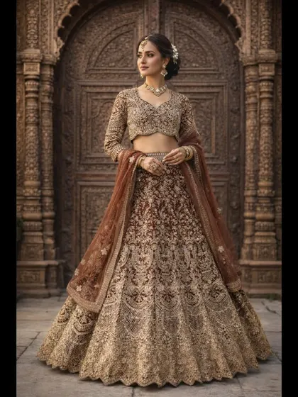 This shot captures the bridal lehenga against a beautifully carved wooden door, highlighting the traditional aesthetic of the outfit. The detailed work on the skirt and blouse is clearly visible.
