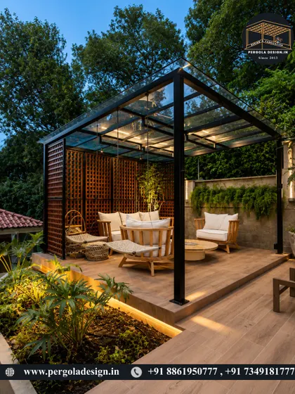 A cozy garden hideaway with a glass roof. This pergola combines the warmth of wood-paneled privacy screens with the openness of a transparent top, creating a perfect, light-filled space for lounging.