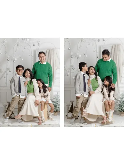 A collage of candid and posed shots of the family in the white Christmas set.