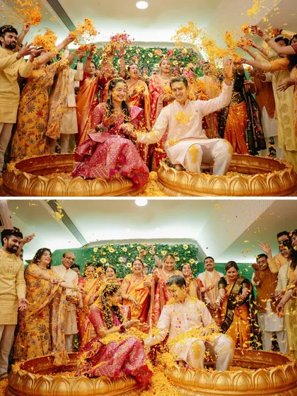 The Haldi ceremony is all about unrestrained joy. We love creating vibrant, fun-filled settings where families come together to shower the couple with love, laughter, and a whole lot of flower petals.