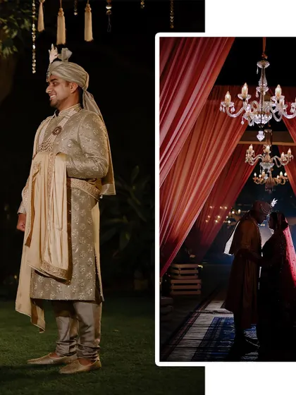 A collage showing a portrait of the groom and a romantic silhouette of the couple.