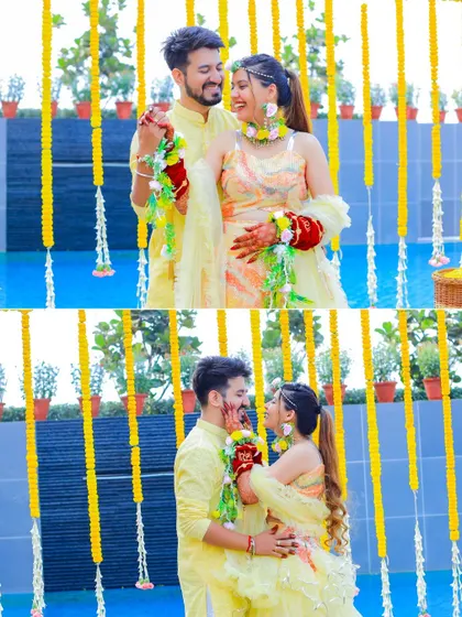 A playful collage of the couple during their Haldi ceremony. These shots capture the fun of the ritual, with the couple smearing turmeric on each other with big smiles.