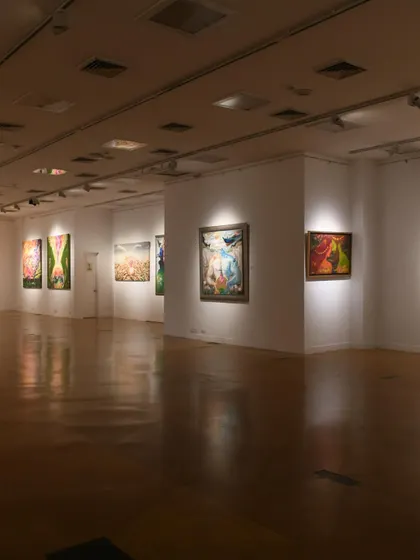 A wide shot of the gallery space on the opening day of "Fundamental Instincts." Seeing all the pieces hanging together brings the entire collection to life.