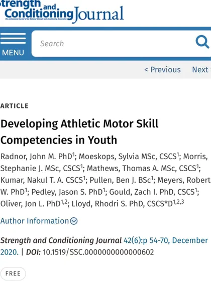 Another one of my publications, this one in the Strength and Conditioning Journal, on developing athletic motor skill competencies in youth. This is the foundation of my youth S&C programs.