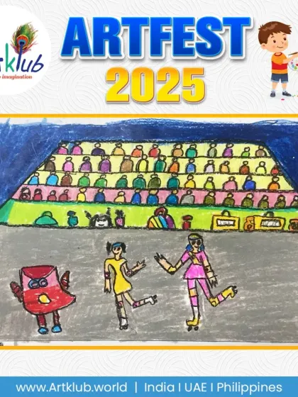 Roller skating is the star of this junior artwork. The artist drew two skaters in front of a colourful crowd, capturing the fun of the sport.