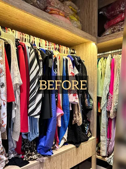 Before: A closet filled with mismatched hangers, creating a cramped and chaotic look where clothes get lost.