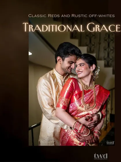 A classic portrait with a title "Traditional Grace". This image of a South Indian couple embodies elegance, with the rich red saree and golden kurta creating a timeless look.