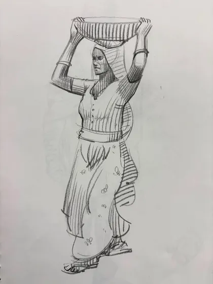 A sketch of a woman carrying a basket on her head, focusing on balance and form.