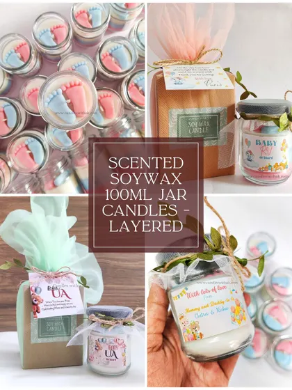 A collage showing the versatility of my 100ml layered jar candles for baby showers, with different themes and personalization options.