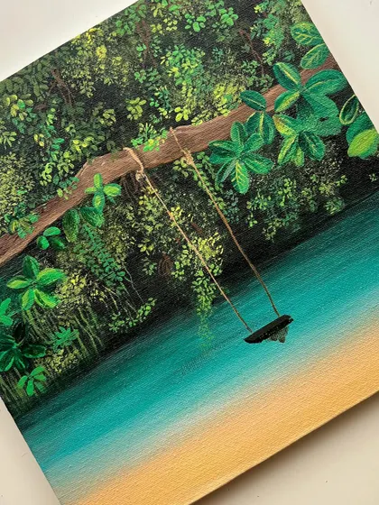 A detailed close up of the Maui painting, focusing on the texture of the leaves and the smooth gradient of the water.