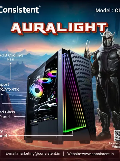 Our Auralight gaming cabinet combines a sleek black finish with an infinity light panel for a stunning visual effect. It supports up to ATX motherboards, includes three fixed-color fans, and has a tempered glass side panel to display your hardware.