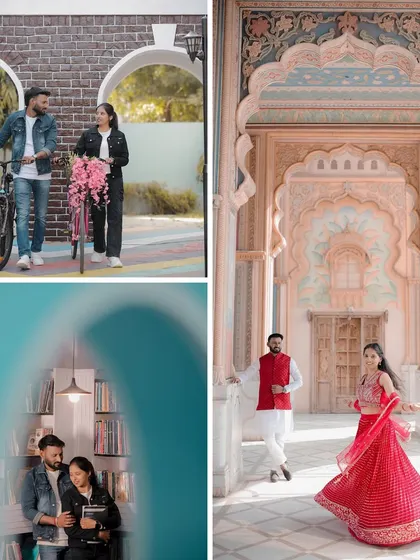 This collage shows the incredible variety at Ramesh Film City, from a casual bicycle shot on a European-style street to a traditional look at Patrika Gate and a cozy library set.