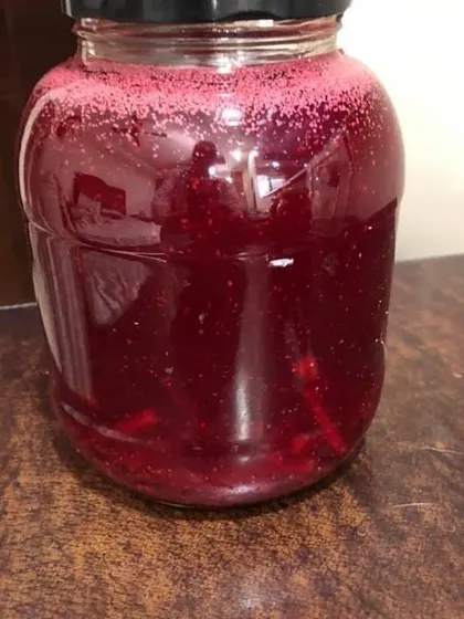 A jar of Kaanji fermenting. You can see the deep, natural colour from the beetroots and carrots. I make this fresh to order.