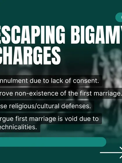 There are specific legal arguments that can be made to defend against bigamy charges. These include proving the first marriage never existed, arguing it was void on technicalities, or annulment due to lack of consent.