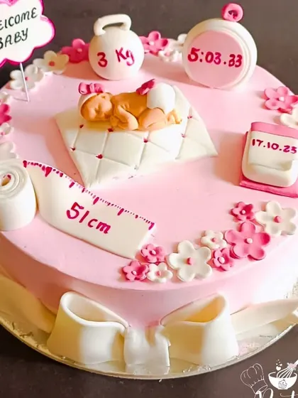 A sweet welcome cake for a baby, featuring a sleeping baby topper and personalized birth statistics.