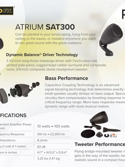 A closer look at the specifications of the Atrium SAT300, showcasing its Dynamic Balance Driver Technology and Bass Performance features. These elements ensure smooth, realistic sound from a compact and easily hidden housing.